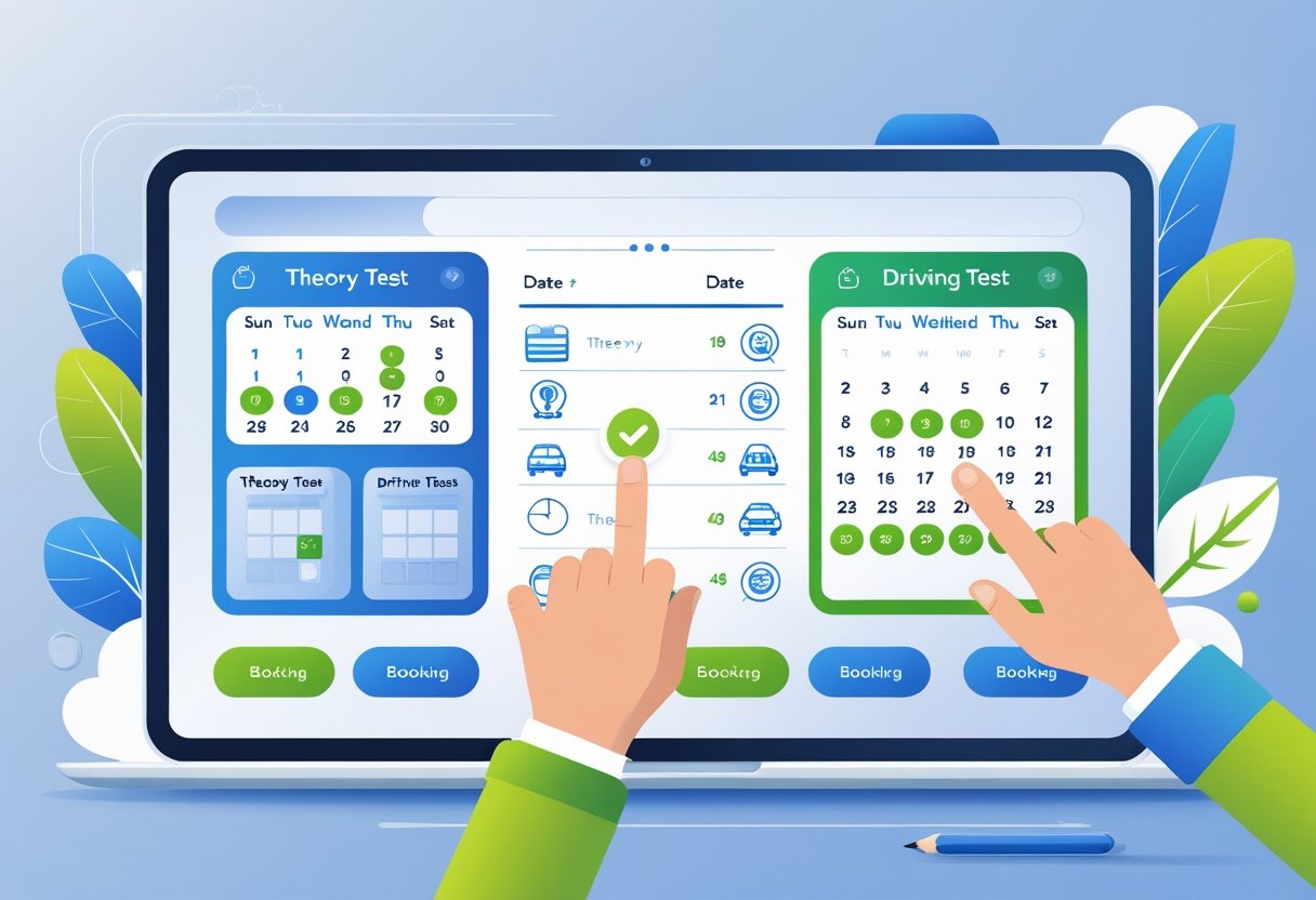 A hand selecting dates on a digital screen showing two calendars side by side, one for theory test booking and one for practical driving test booking.