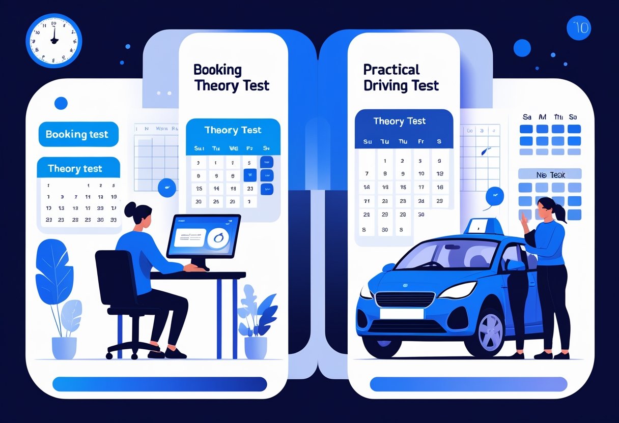 A person booking a theory test on a laptop and preparing for a practical driving test with an instructor beside a car.