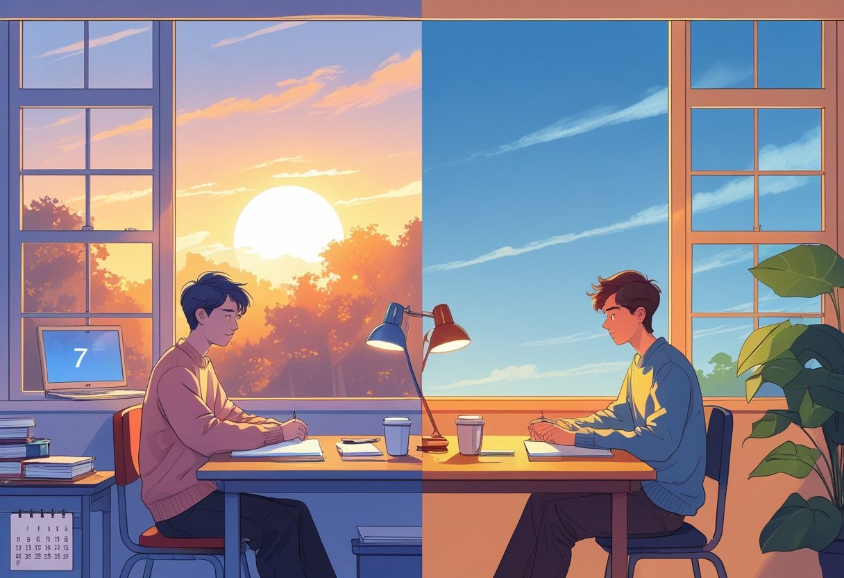 A split scene showing a student taking a test in the early morning on one side and in the afternoon on the other side, with clocks and sunlight indicating the different times of day.