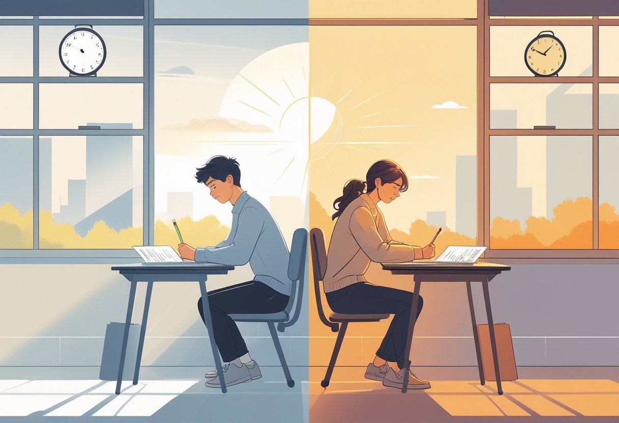 Two students taking tests at desks, one in the early morning with sunlight through a window, and one in the afternoon with warm light, each focused on their work.