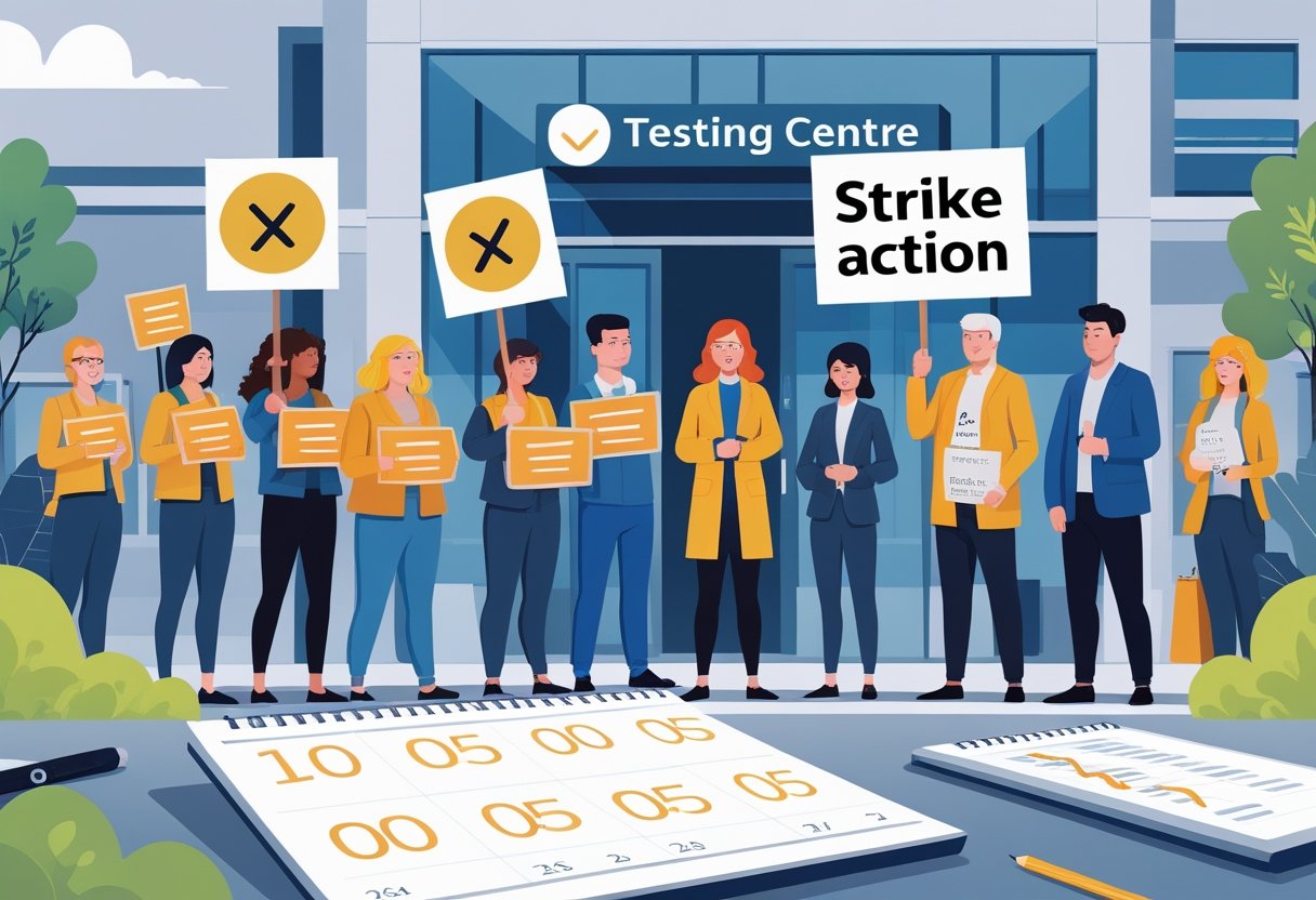 A group of workers protesting outside a testing centre while a person looks worriedly at a calendar with cancelled appointments.