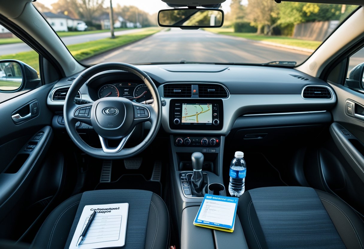 Car interior showing car keys, driving licence, learner's permit, smartphone with GPS, water bottle, and notepad on the seats and dashboard.