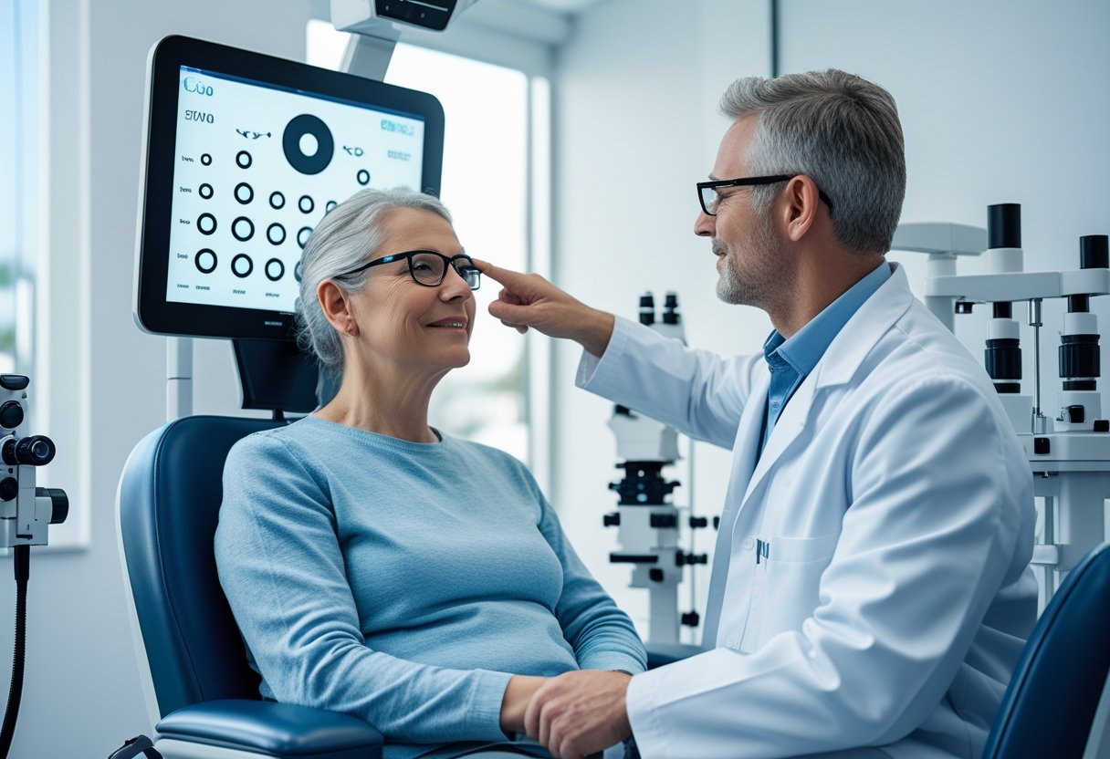 An optometrist conducting an eyesight test with a patient using a digital eye chart in a modern clinic.