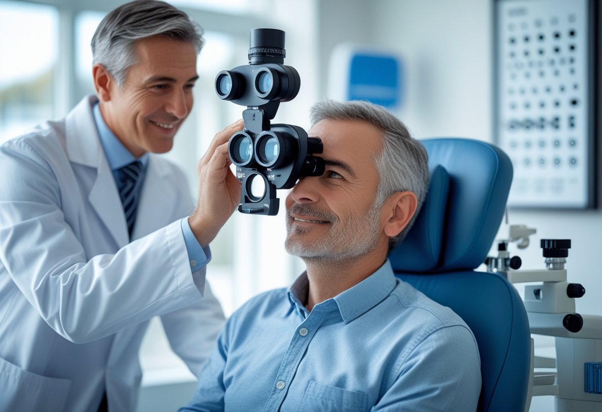 A driver having an eyesight test with an optometrist using an eye examination device in a clinic.