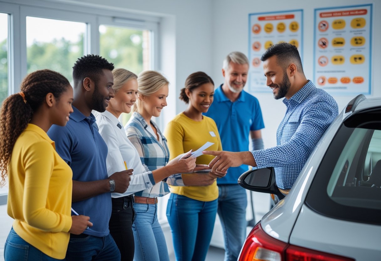 A driving instructor demonstrates a vehicle safety check to two adult learners beside a car in a classroom setting.