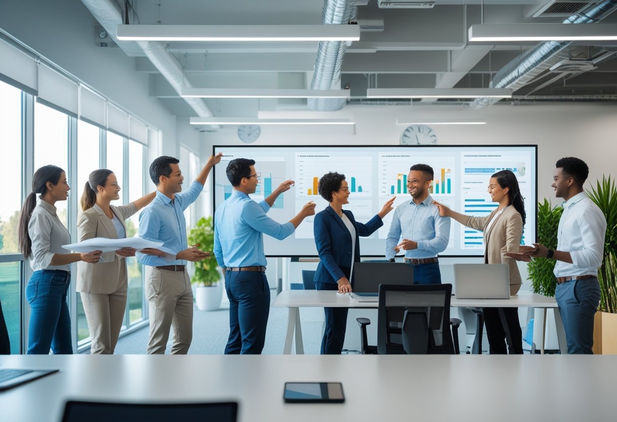 A diverse group of people in an office working together, handing over documents, pointing at charts, and using laptops.