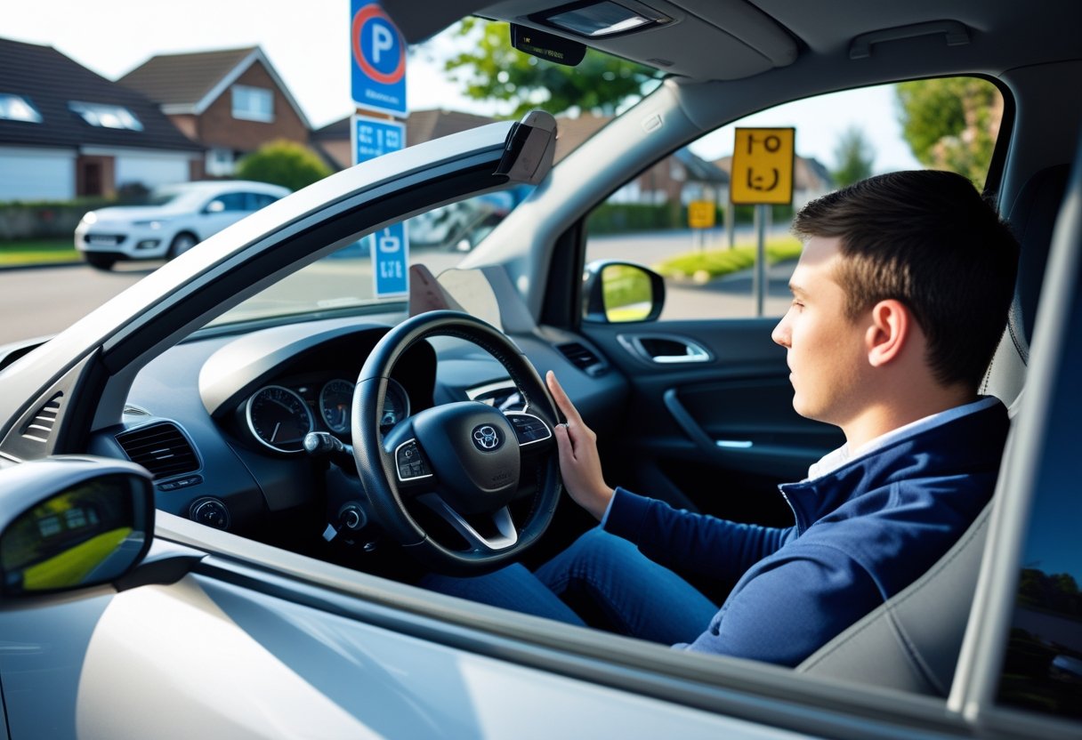 A driving instructor watches a learner driver performing a manoeuvre in a car on a quiet suburban street.