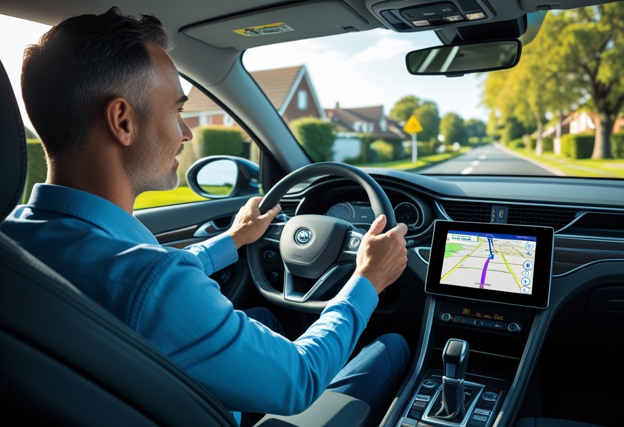 An adult driver in a car looking at a sat-nav device on the dashboard while driving on a suburban road.