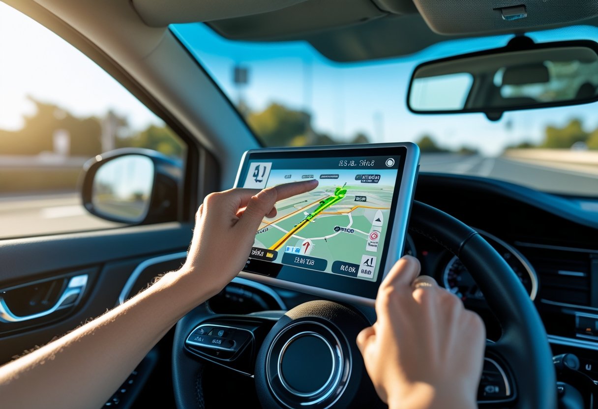Close-up of a car dashboard showing a sat-nav device with a route on the screen and a driver’s hands on the steering wheel and sat-nav, with a clear road visible ahead.