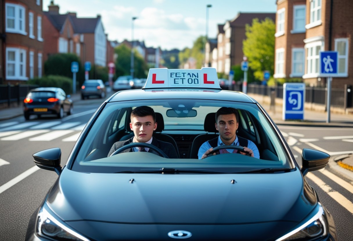 A young driver and a driving examiner inside a car on a city street during a driving test.