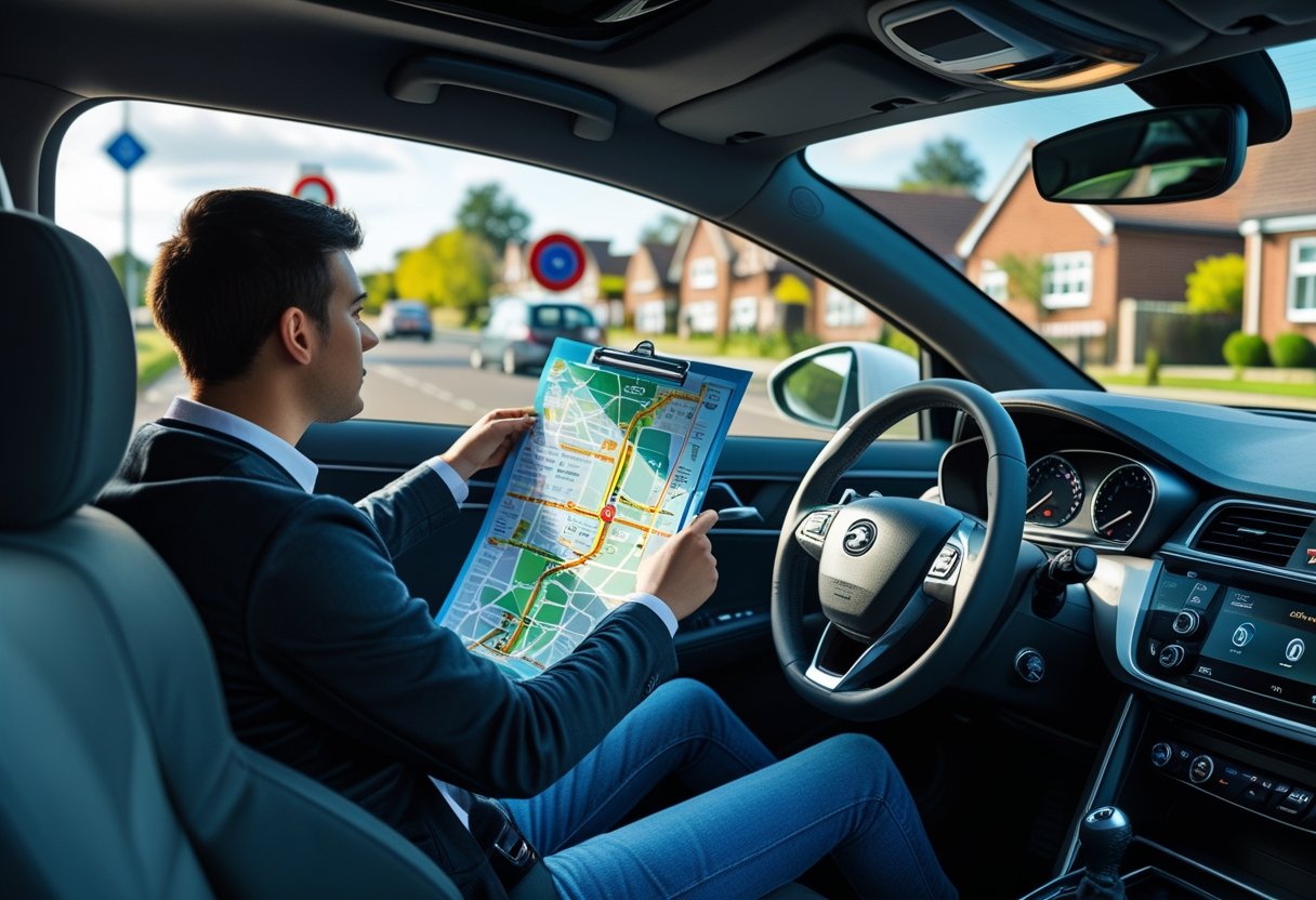 A driving examiner and learner driver inside a car looking at a map of driving test routes while parked on a suburban street.