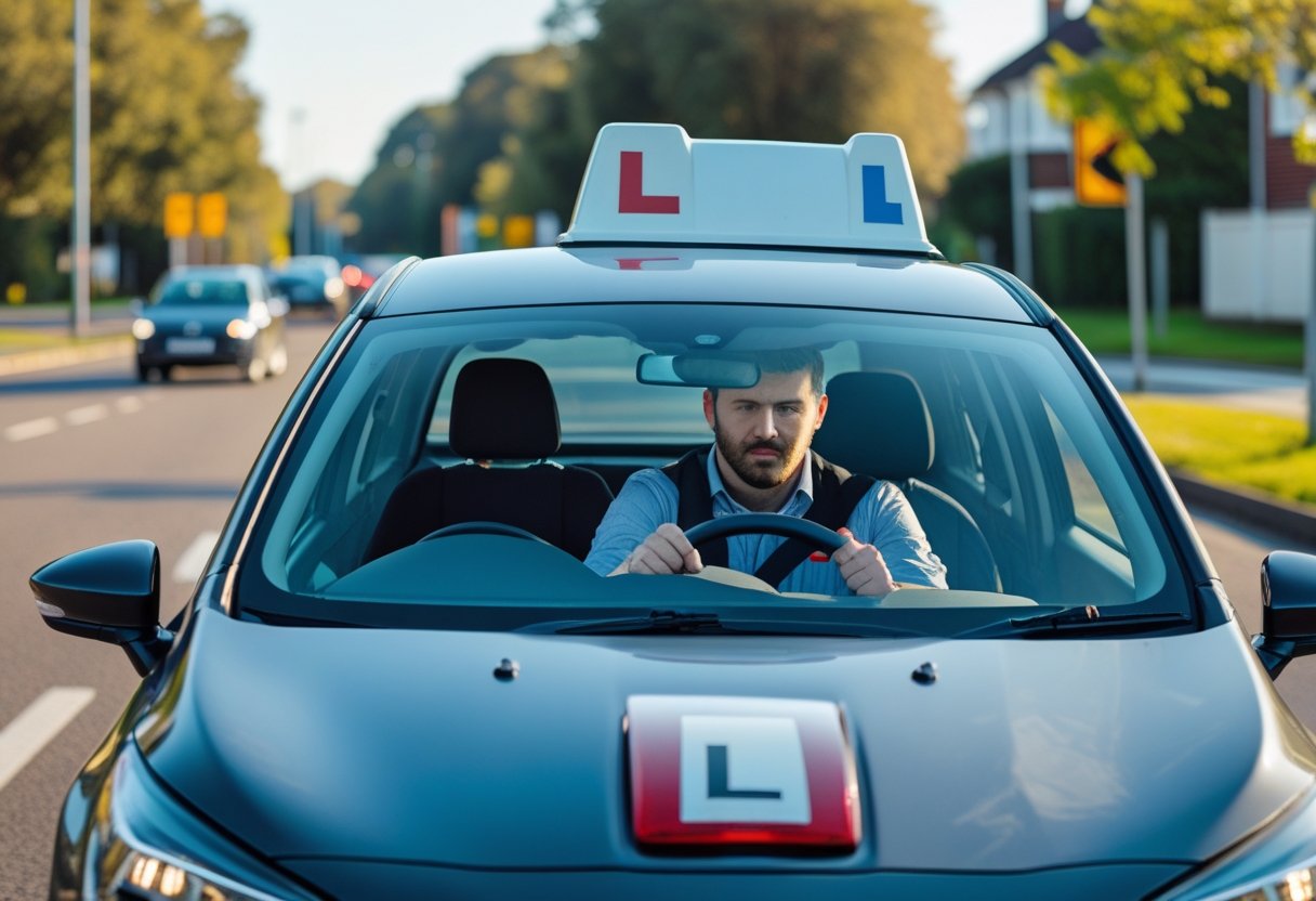 A learner driver and instructor inside a car during a driving test on a suburban road.