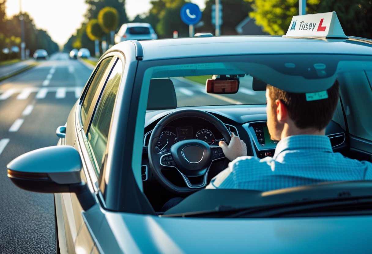 A young adult driver taking a driving test in a car with an instructor observing from the passenger seat on a suburban road.