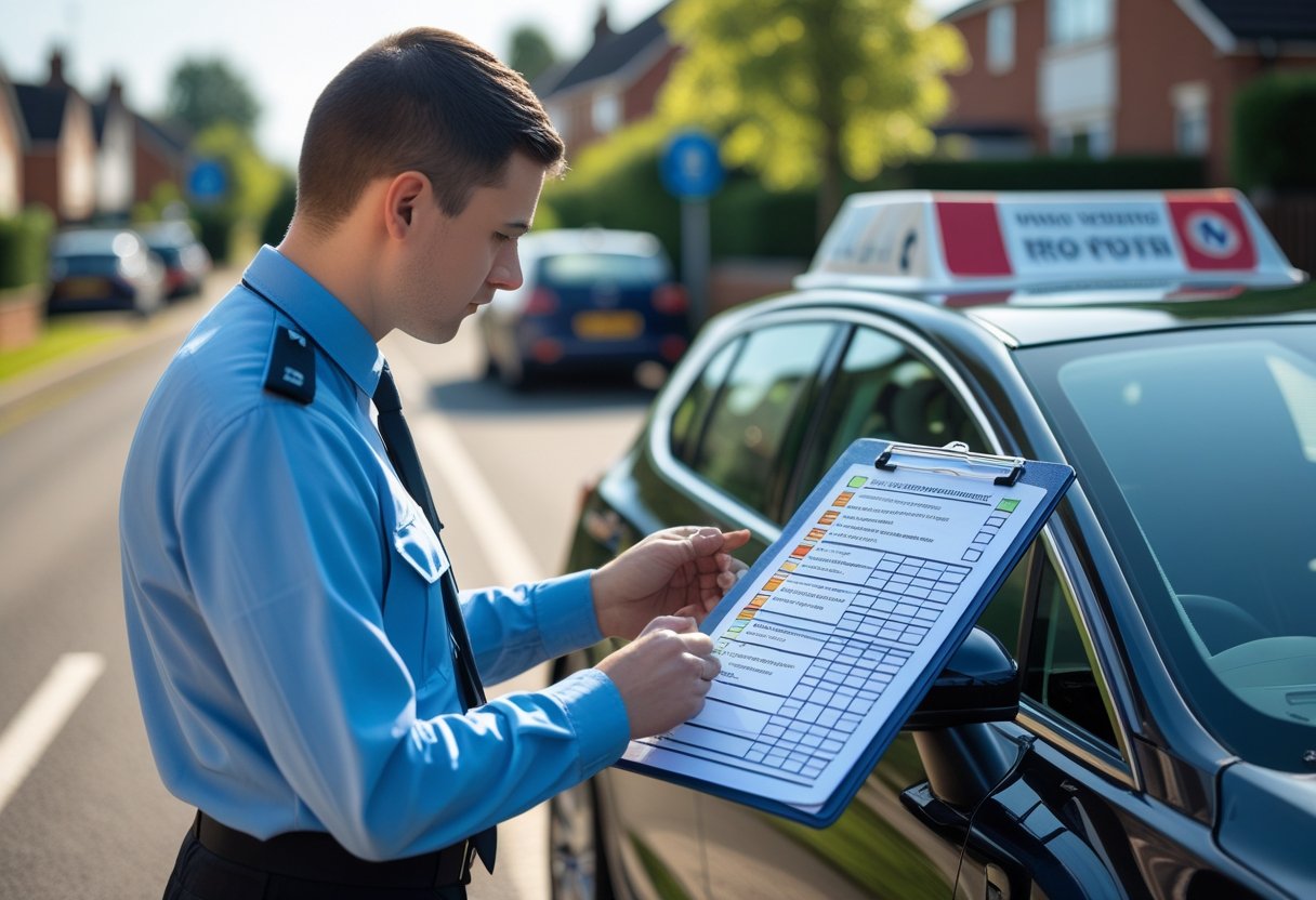 A driving examiner checking a clipboard beside a parked car on a quiet suburban road.