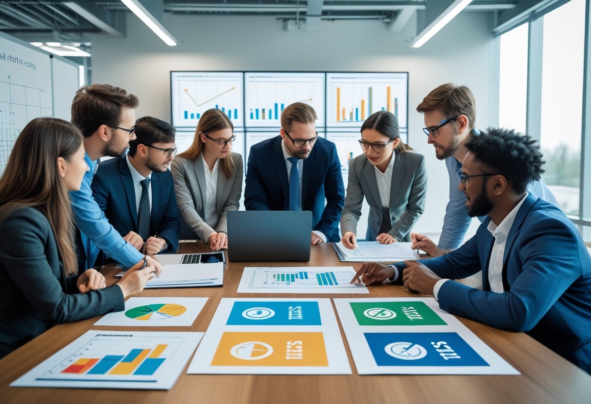 A group of people in an office discussing documents and charts about test fault categories, with coloured markers indicating different fault levels.