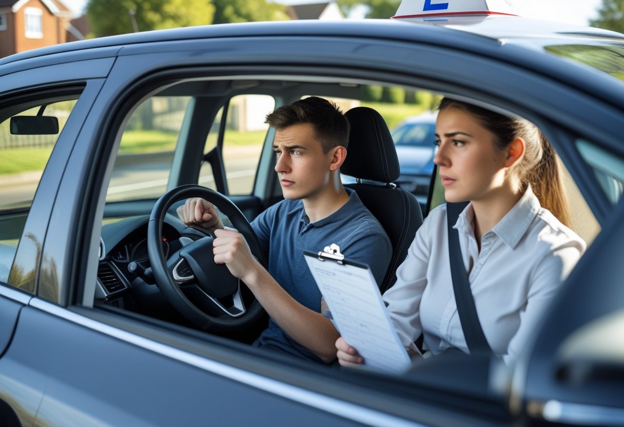 A learner driver and instructor inside a car on a suburban street during a driving test.