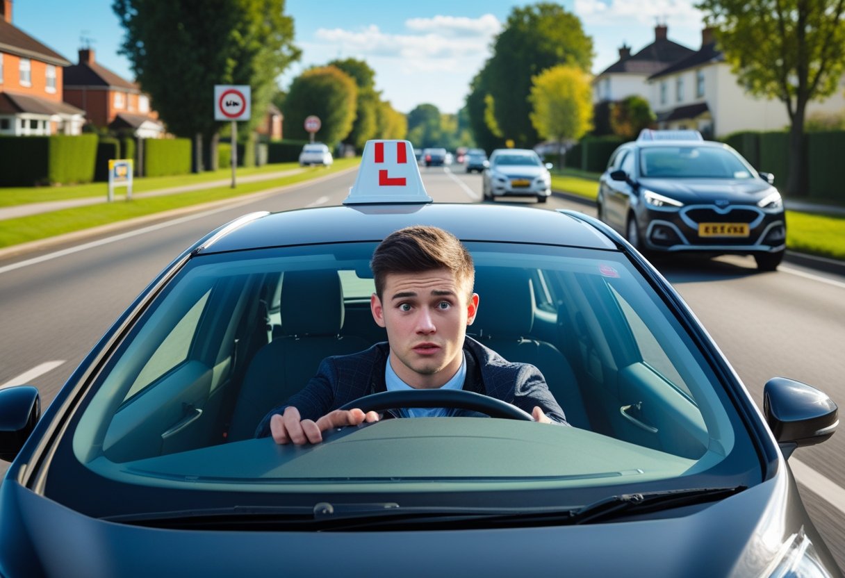 A young driver in a car driving slowly on a suburban road with a driving examiner observing from the passenger seat.