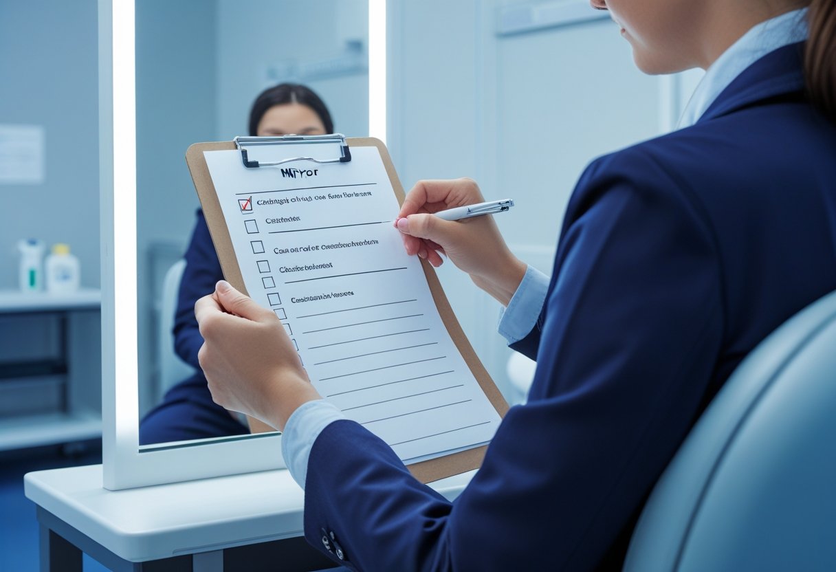 An examiner marking a checklist while a candidate looks into a mirror during an assessment in a well-lit examination room.