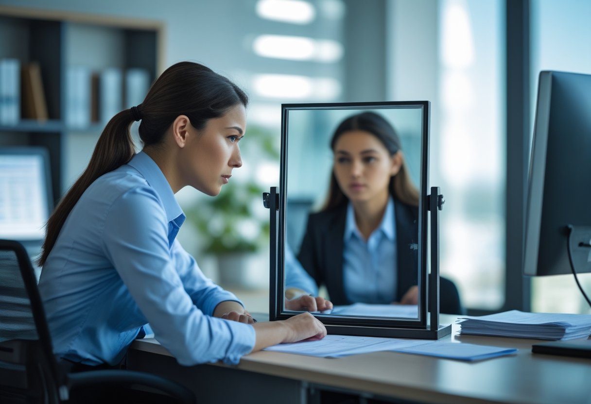 An examiner in an office carefully observing a mirror on a desk while reviewing examination papers.