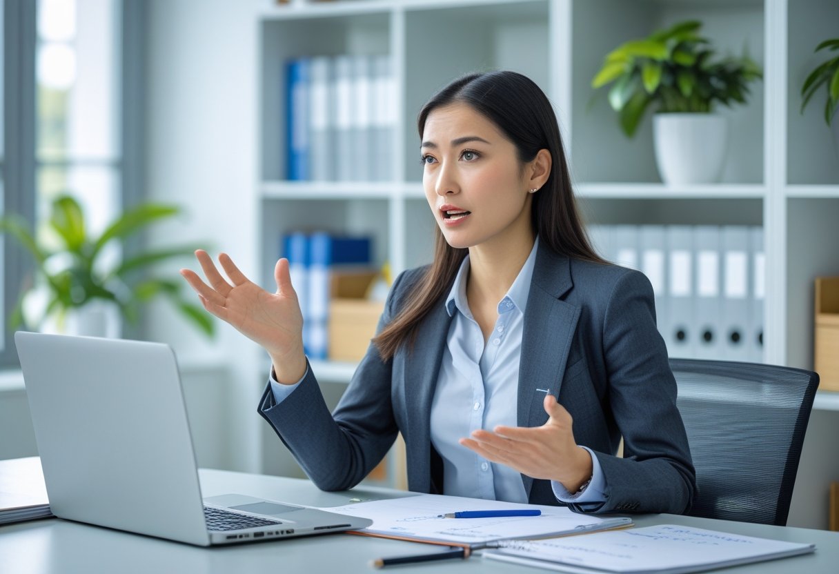 A young woman sitting at a desk speaking and gesturing with her hand during a discussion in an office.