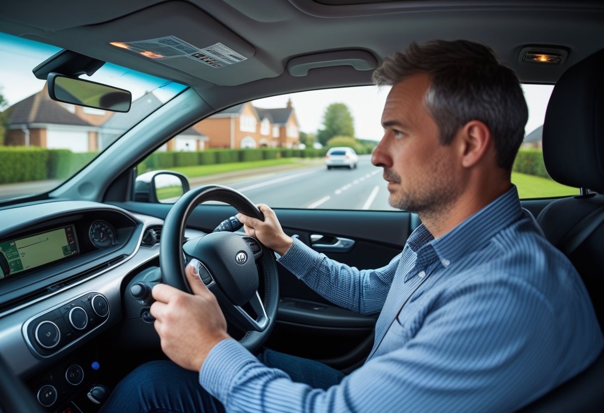 Learner driver and driving examiner inside a car during a driving test on a quiet suburban street.