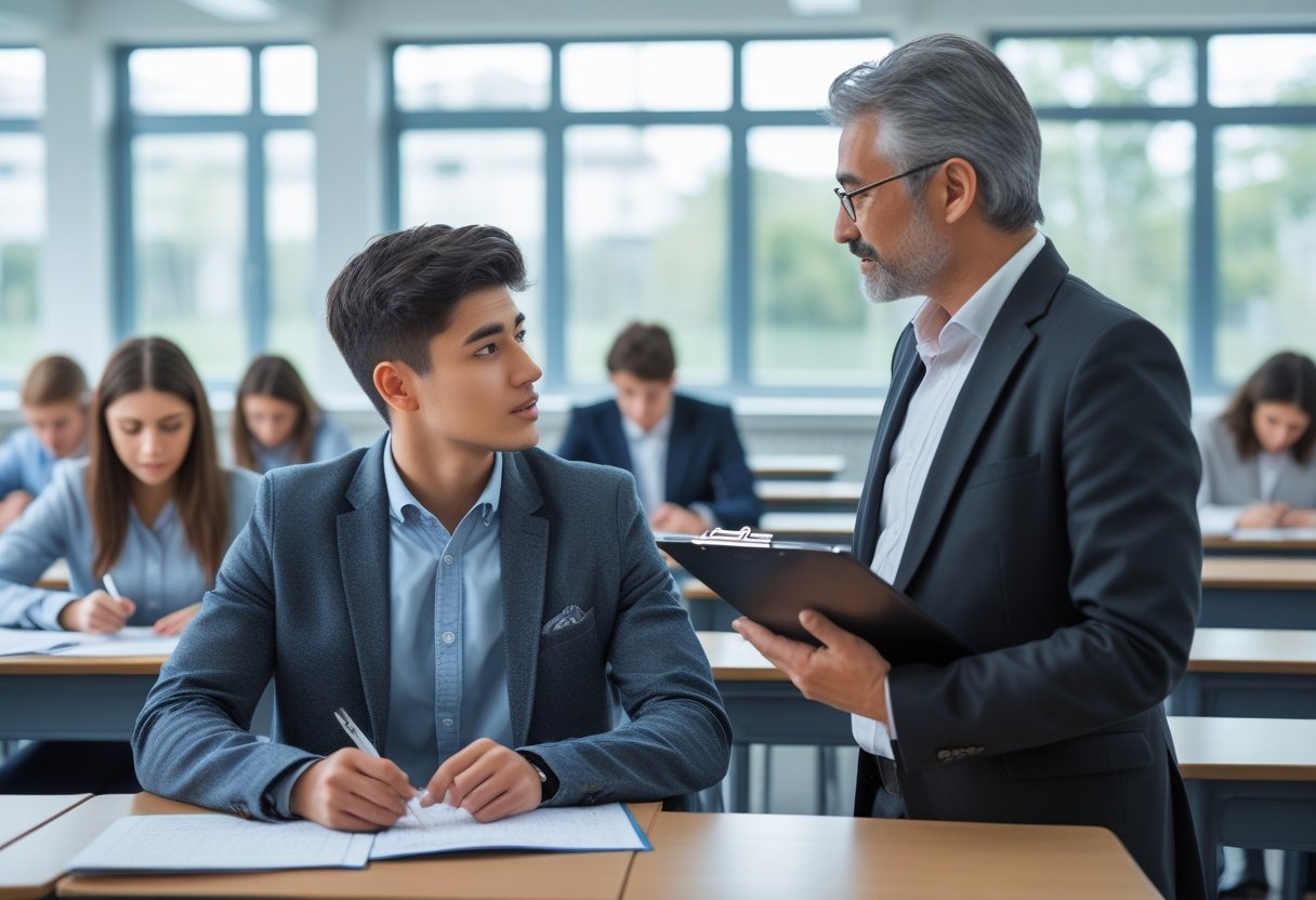 A student sitting at a desk during an exam talking to an examiner standing nearby in a classroom.