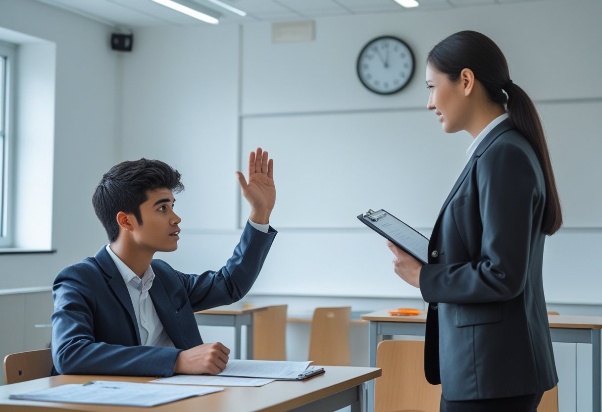 A student raising their hand to ask a question to an examiner during a test in a quiet exam room.