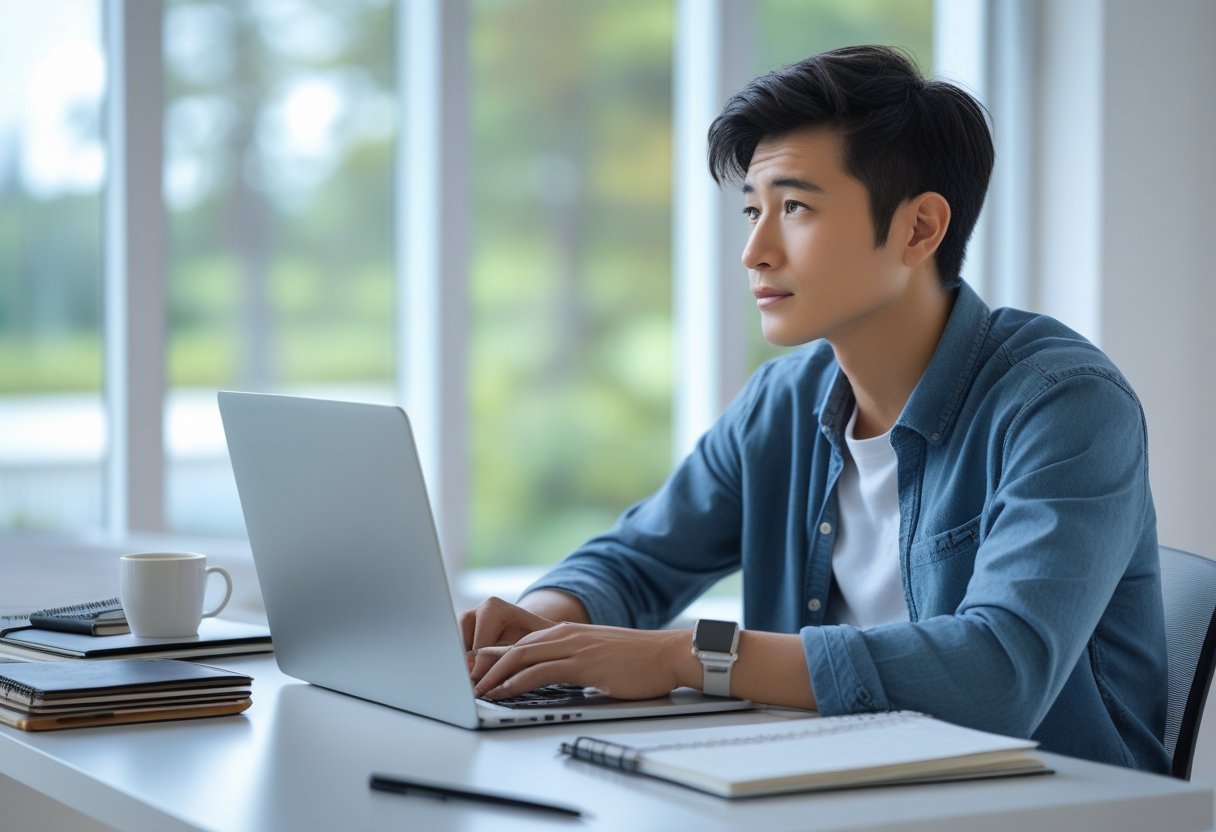 A young adult sitting at a desk looking thoughtfully at a laptop screen in a bright room with study materials nearby.