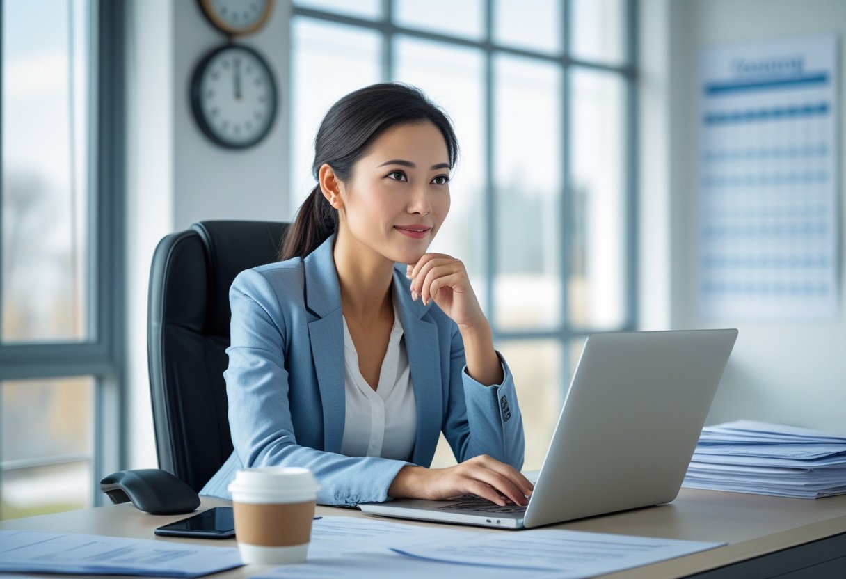 A young woman sitting at a desk, looking thoughtfully at a laptop screen with papers and a coffee cup nearby.