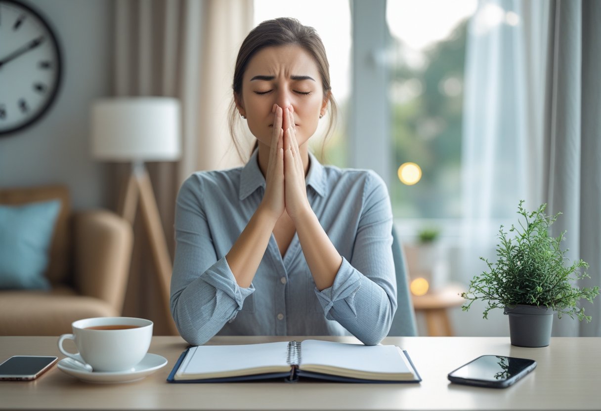 A young woman sitting at a desk with her eyes closed, taking deep breaths to calm herself before an important event.