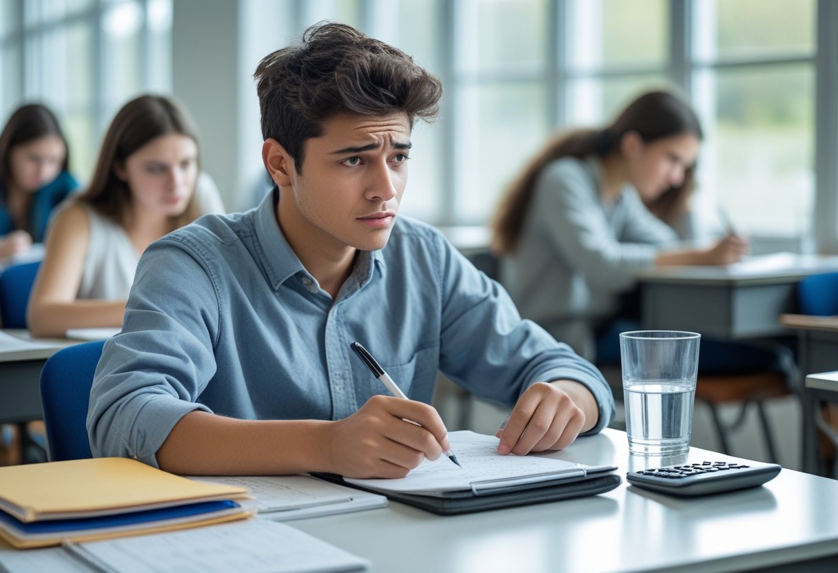 A young adult sitting at a desk in an exam room, looking thoughtfully at a test paper while holding a pen.