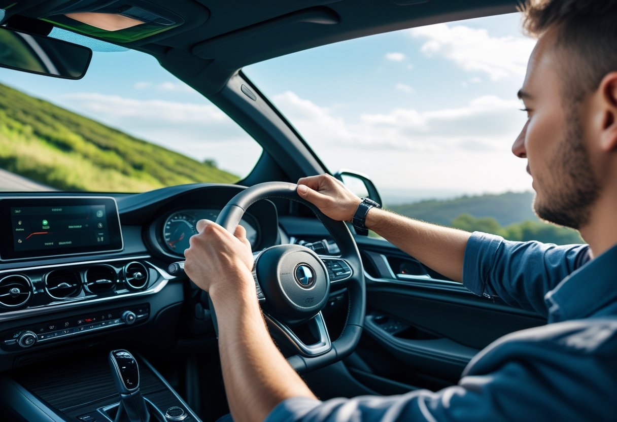 Driver inside a car on a steep hill holding the handbrake and steering wheel, preparing to start moving uphill.