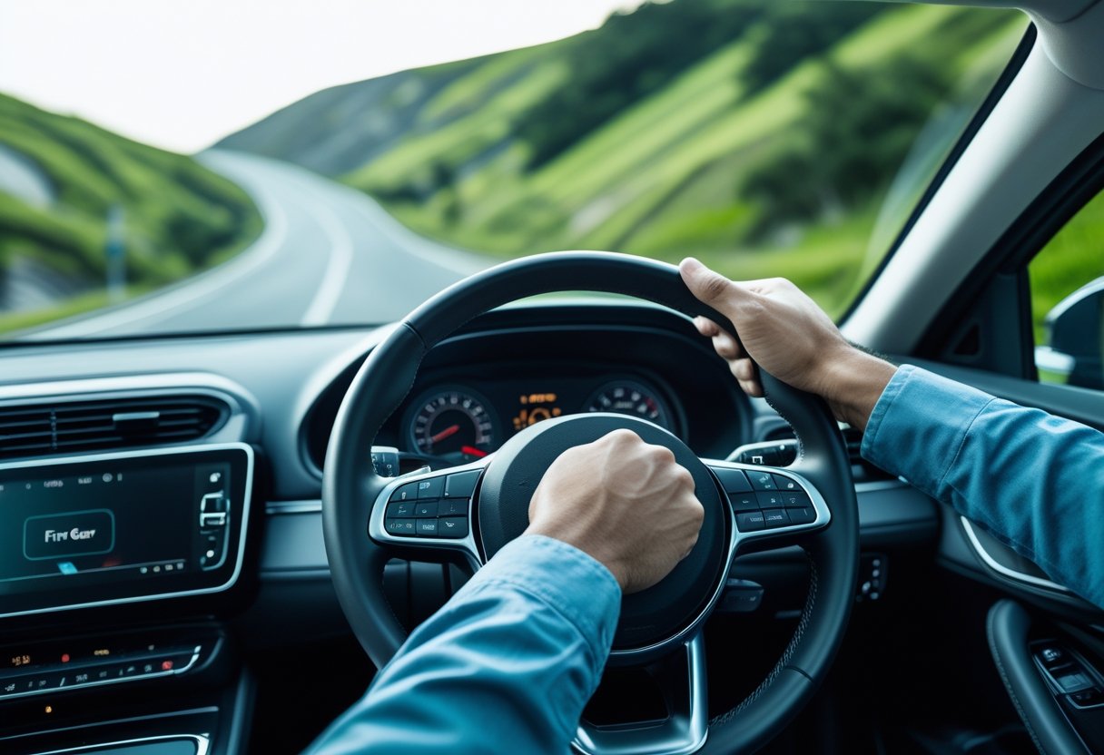 Driver using the handbrake inside a car on a steep uphill road during a hill start.