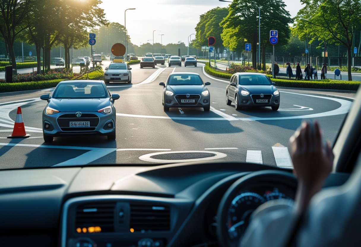 A busy roundabout with cars and a cyclist moving smoothly, a calm driver visible through a car window, surrounded by trees and pedestrians.