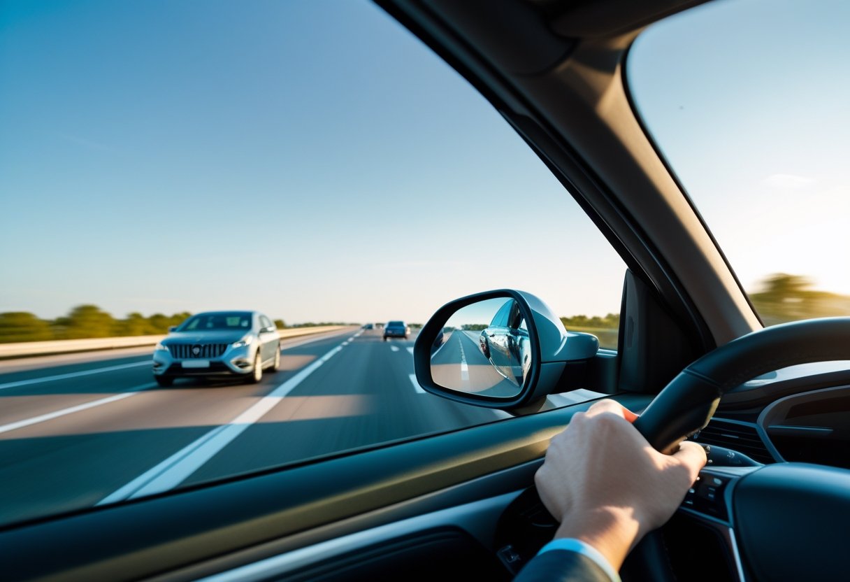 A car on a highway with a vehicle visible in the blind spot beside the driver's side mirror during a lane change.