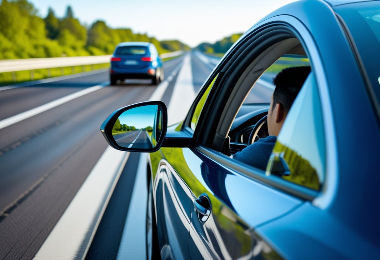 A car on a highway with a driver checking their blind spot before changing lanes, another vehicle visible in the adjacent lane.