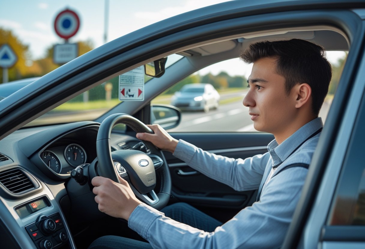 A young driver calmly regaining control of a car during a driving test with an instructor observing from the passenger seat.