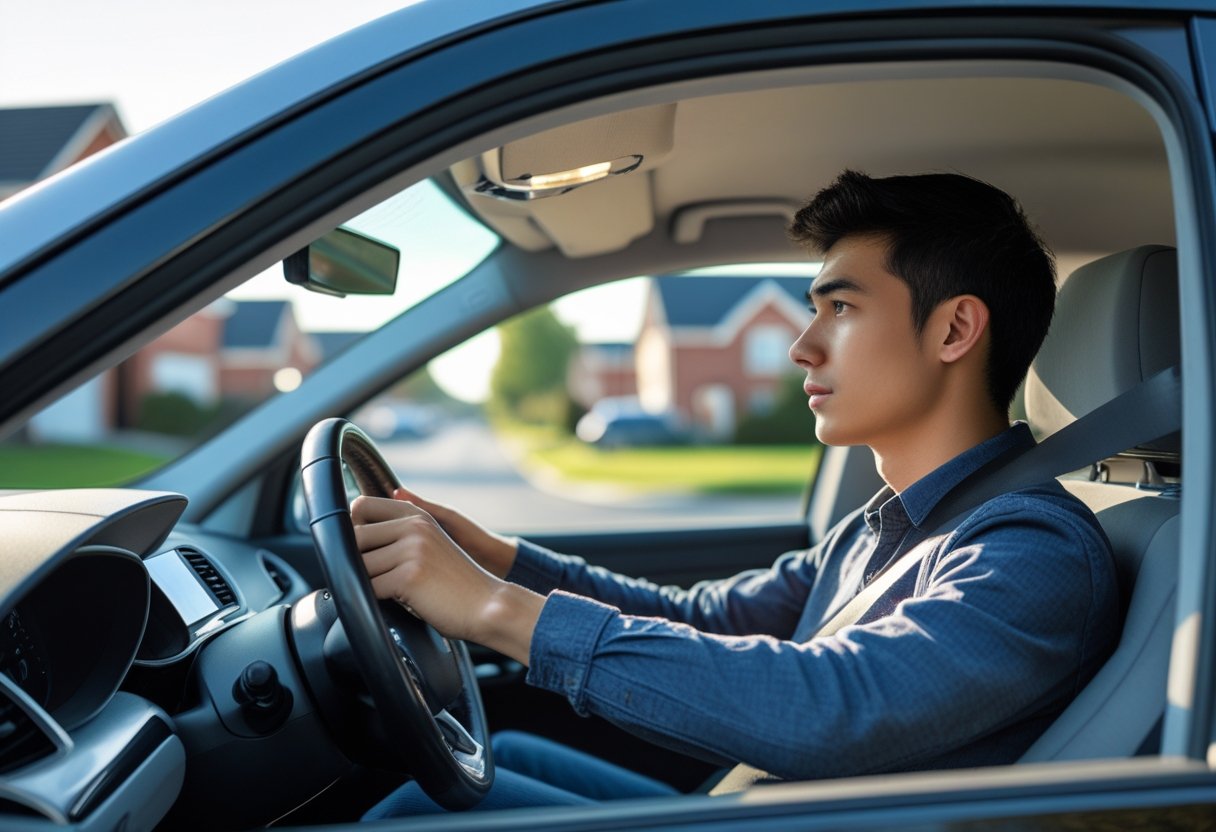 A young adult sitting calmly in the driver's seat of a stationary car on a suburban street, looking focused and ready to drive.