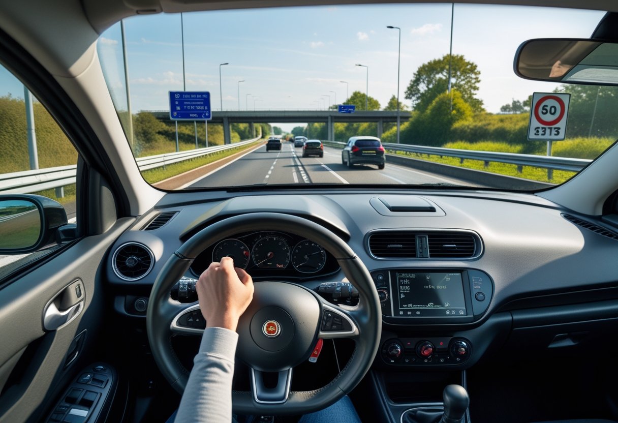 Learner driver inside a car on a dual carriageway during a driving test with other vehicles and road signs visible.