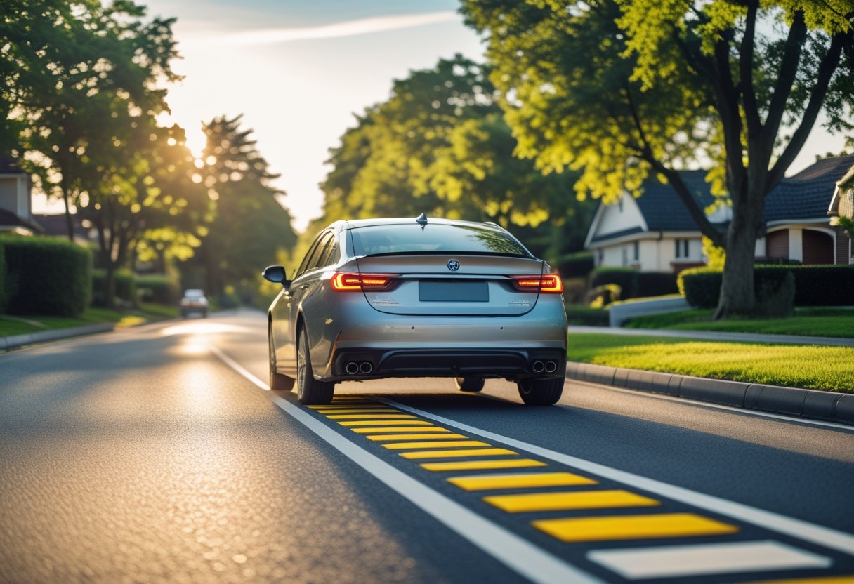 A car slowing down as it approaches a speed bump on a suburban road with trees and houses nearby.