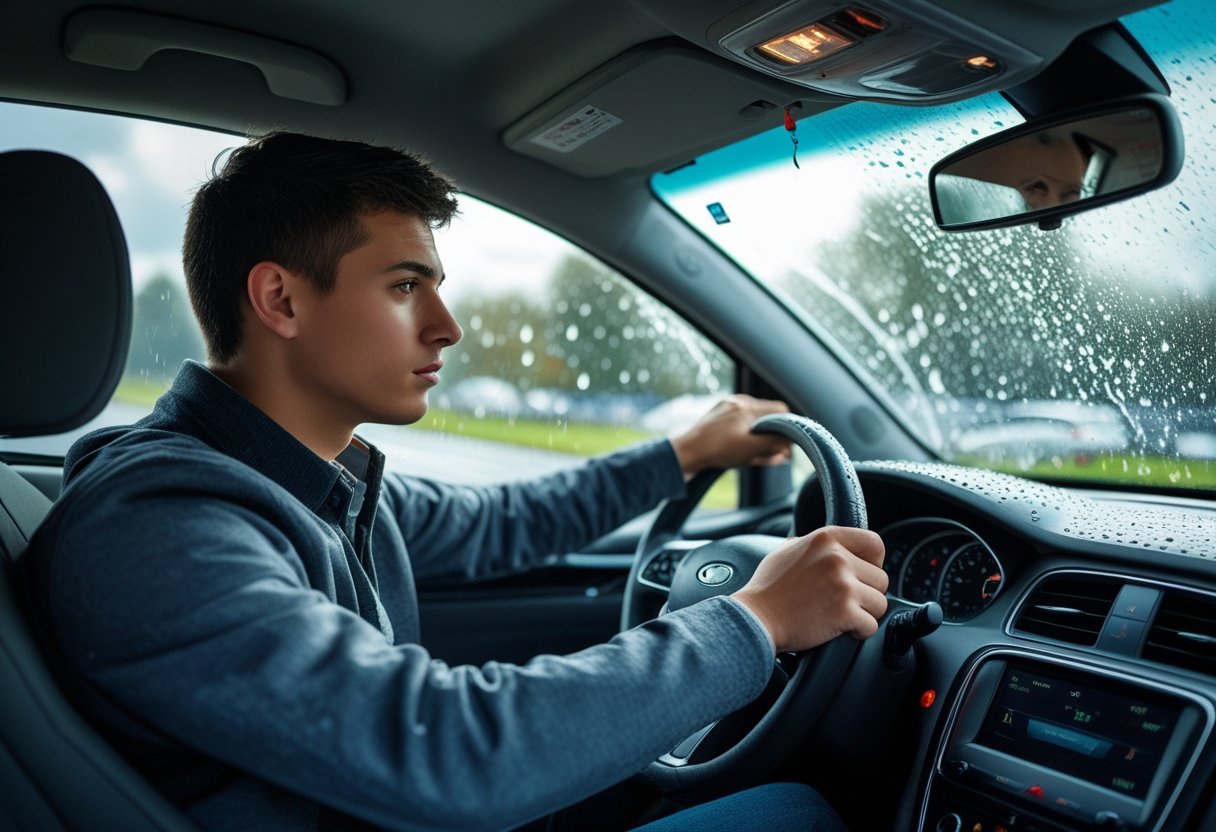 A young adult driver inside a car during a driving test, with sunshine on one side and rain on the other visible through the windows.