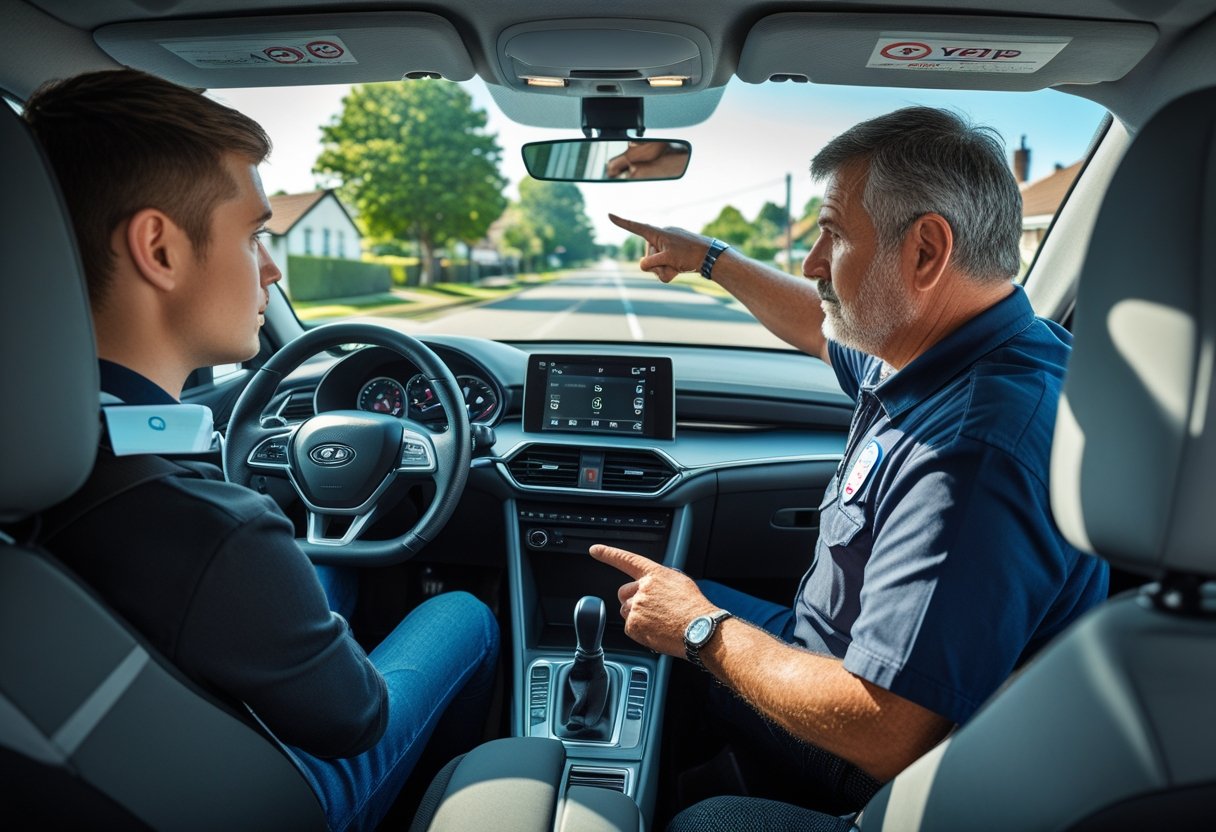 A driving instructor and learner driver inside a car during a practical driving test, with the instructor giving guidance.