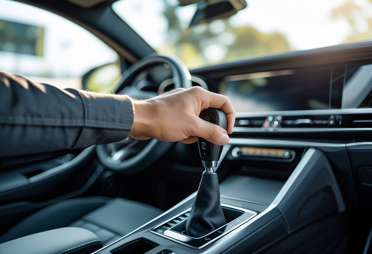 Close-up of a driver's hand smoothly shifting gears in a modern car interior.