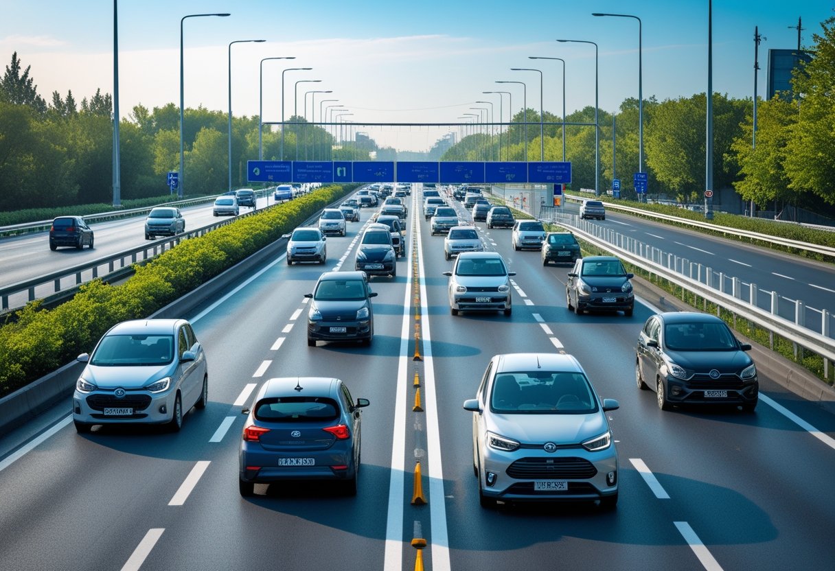 A multi-lane road with cars and motorcycles driving neatly within their lanes on a clear, sunny day.