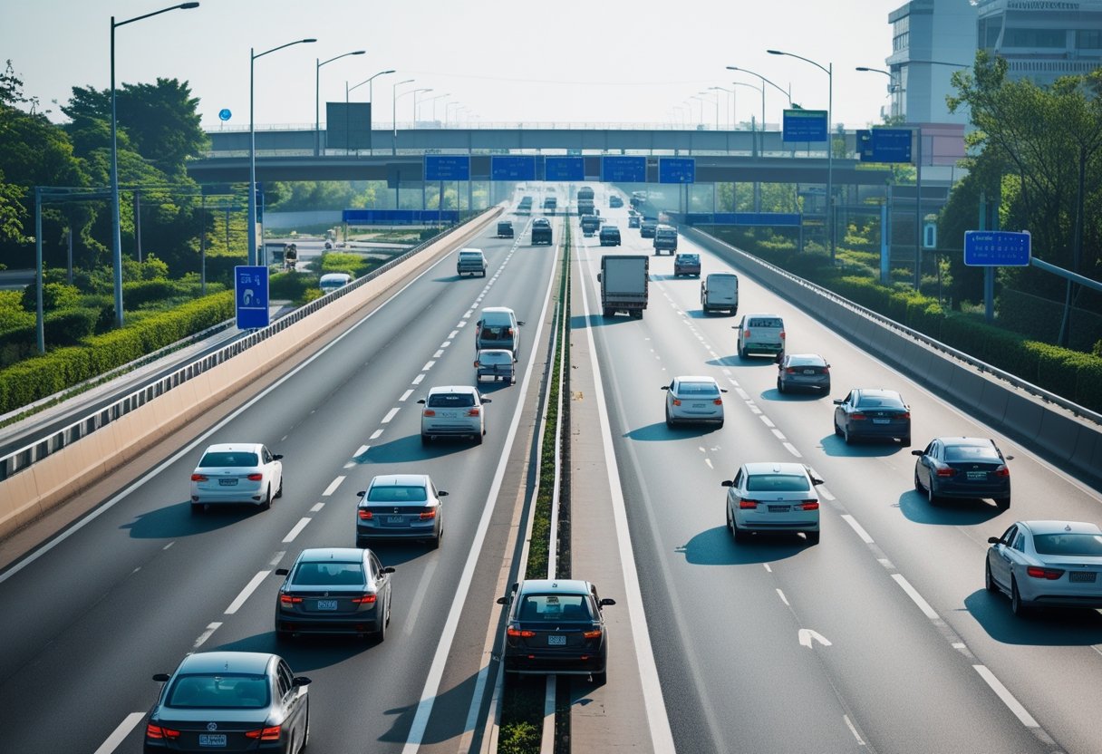 A busy multi-lane road with vehicles driving smoothly in their lanes under clear daylight.