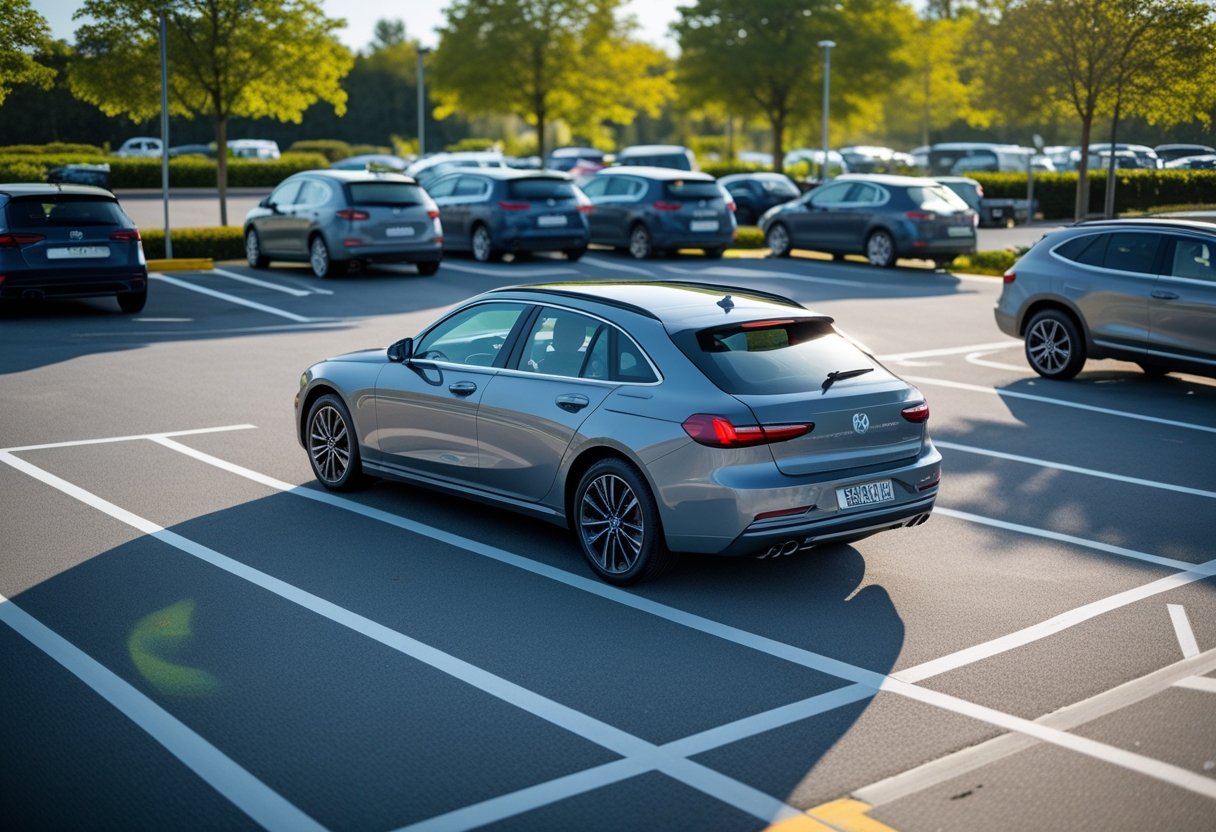 A car reversing into a marked parking bay in an outdoor parking lot with other parked cars and trees in the background.