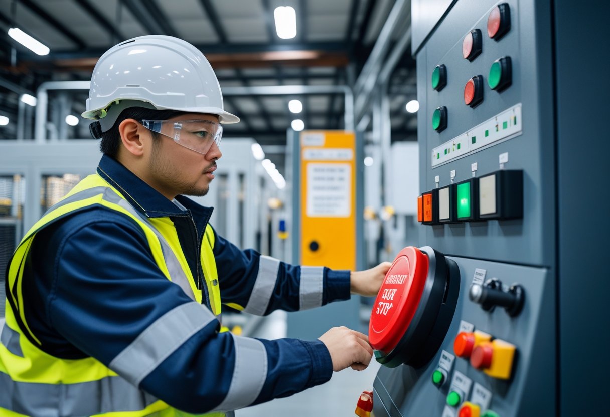 A person wearing safety gear pressing a red emergency stop button on a control panel in an industrial setting.