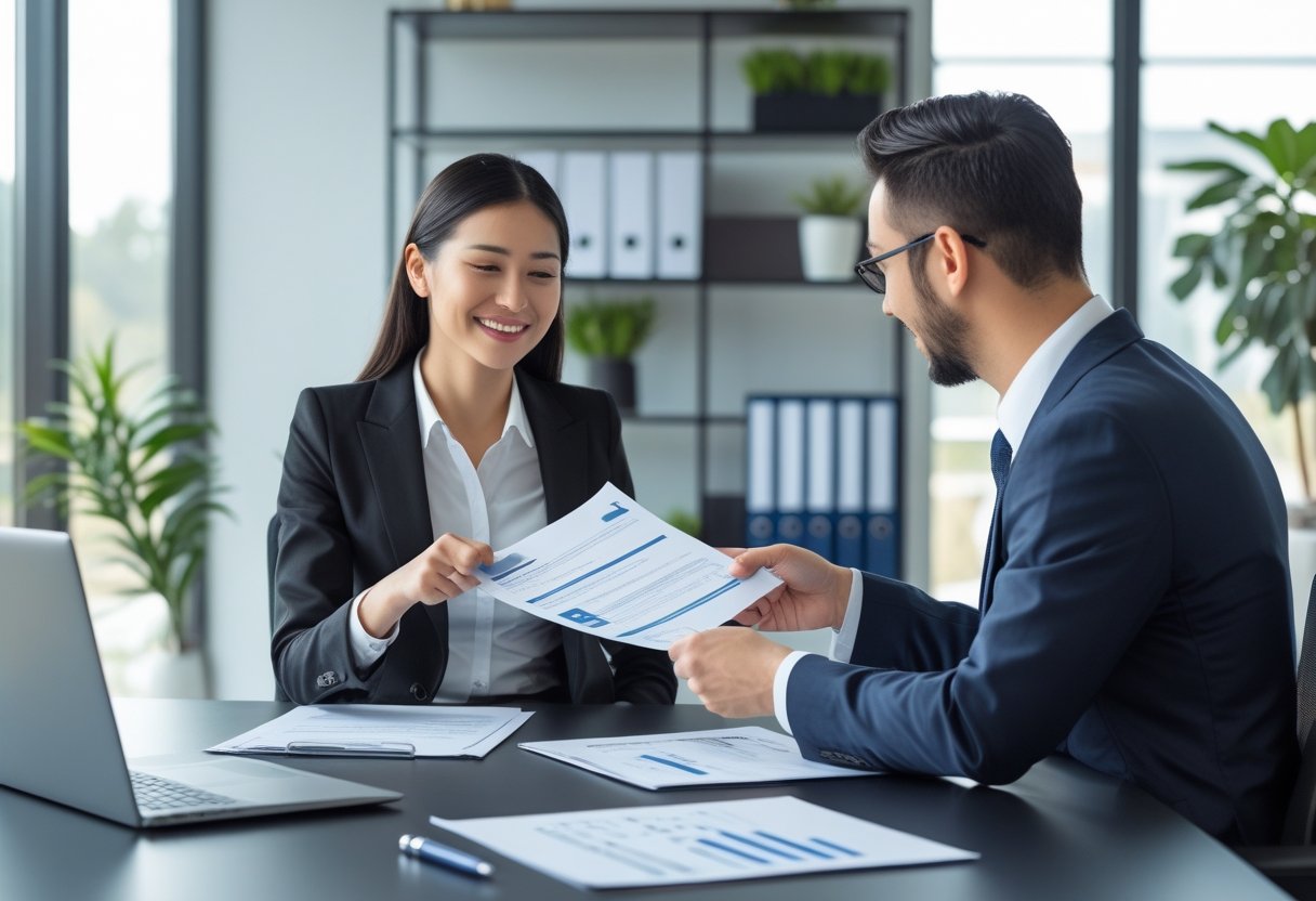 A candidate handing over completed test papers to an HR professional at a desk in a modern office setting.