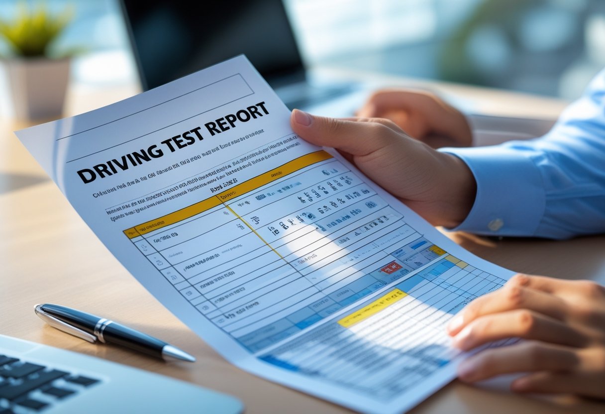 Person holding a driving test report and examining it closely at a desk with a laptop and pen.