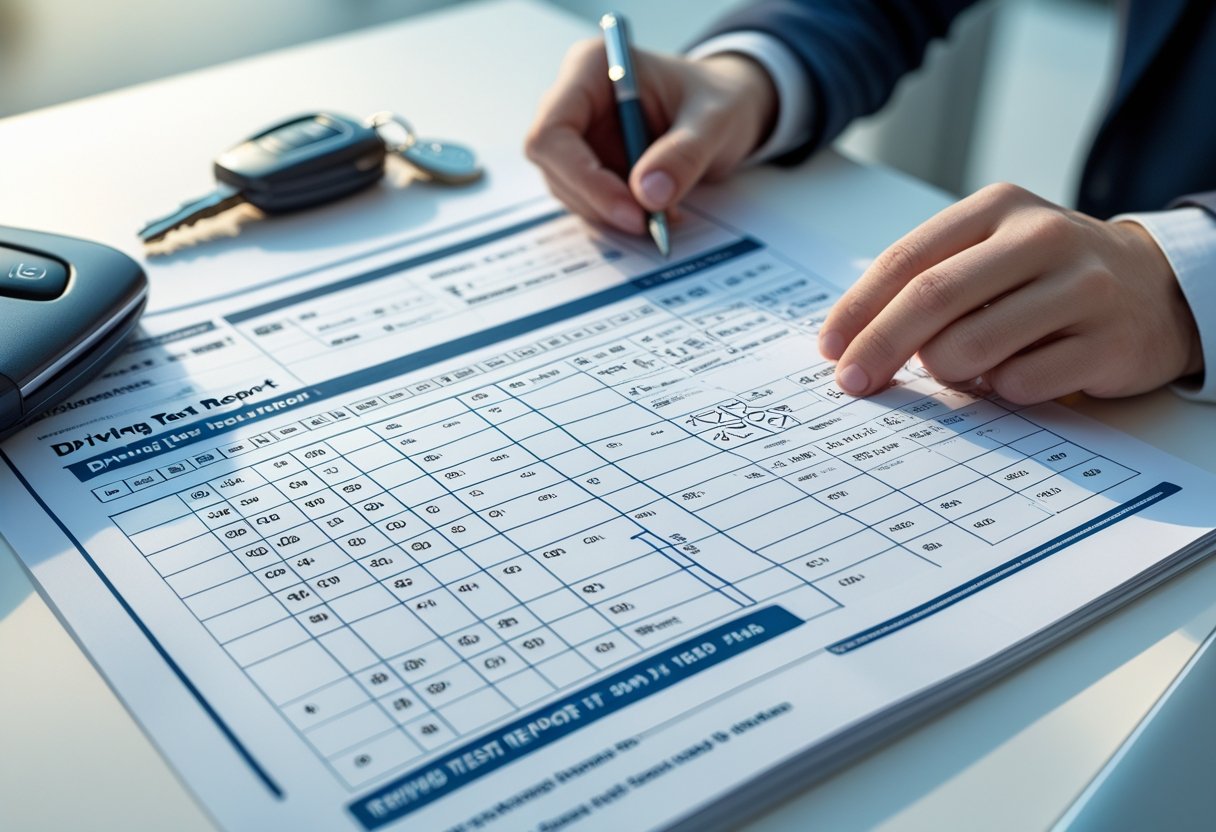 Close-up of hands holding a driving test report with codes and markings on a desk next to car keys and a pen.